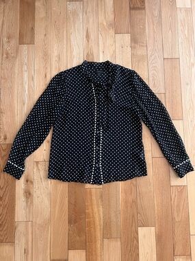 J.Crew Silk Polka Dot Long Sleeve Button Up Top Neck Tie Silk Blend Semi Sheer 6